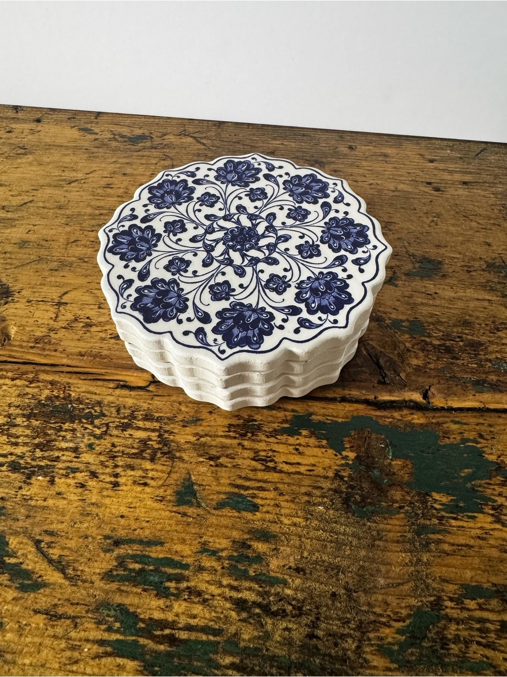 Blue and White Floral Ceramic Coasters - Set of 4
